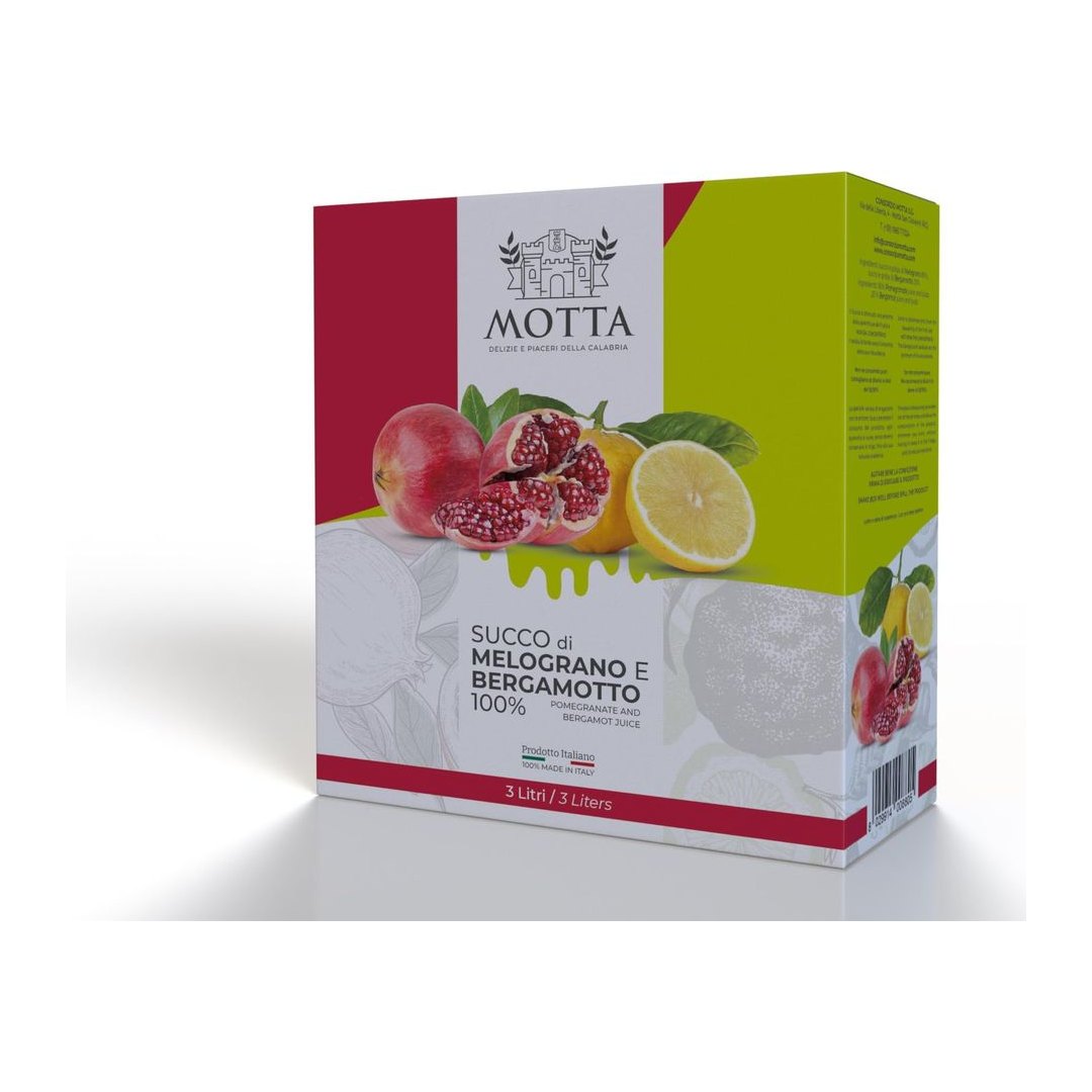 Bottiglia di succo di melograno e bergamotto 100% italiano 3L da Consorzio Motta, frutto della spremitura meccanica