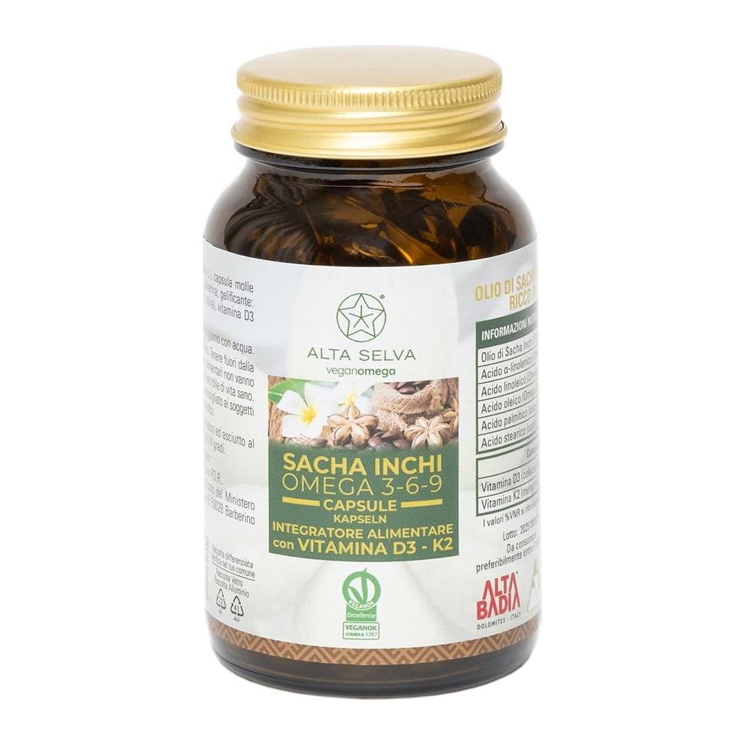 Confezione di integratore Omega 3-6-9 vegetale Alta Selva con vitamina D3 e K2 MK-7 in softgel vegano