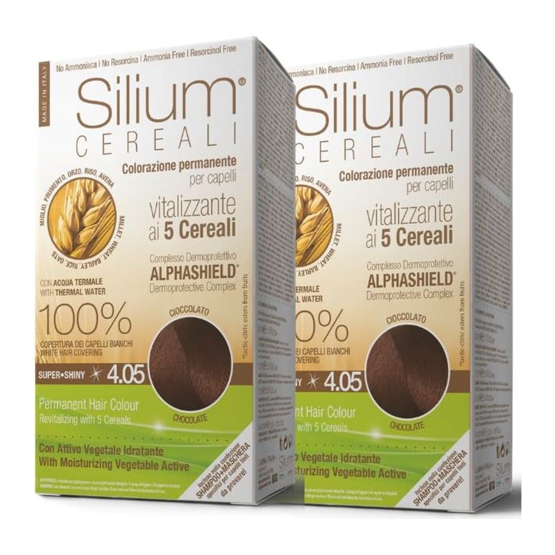 Silium Colorazione Permanente 4.05 Cioccolato, confezione da 2 x 175 ml con crema colorante italiana senza ammoniaca