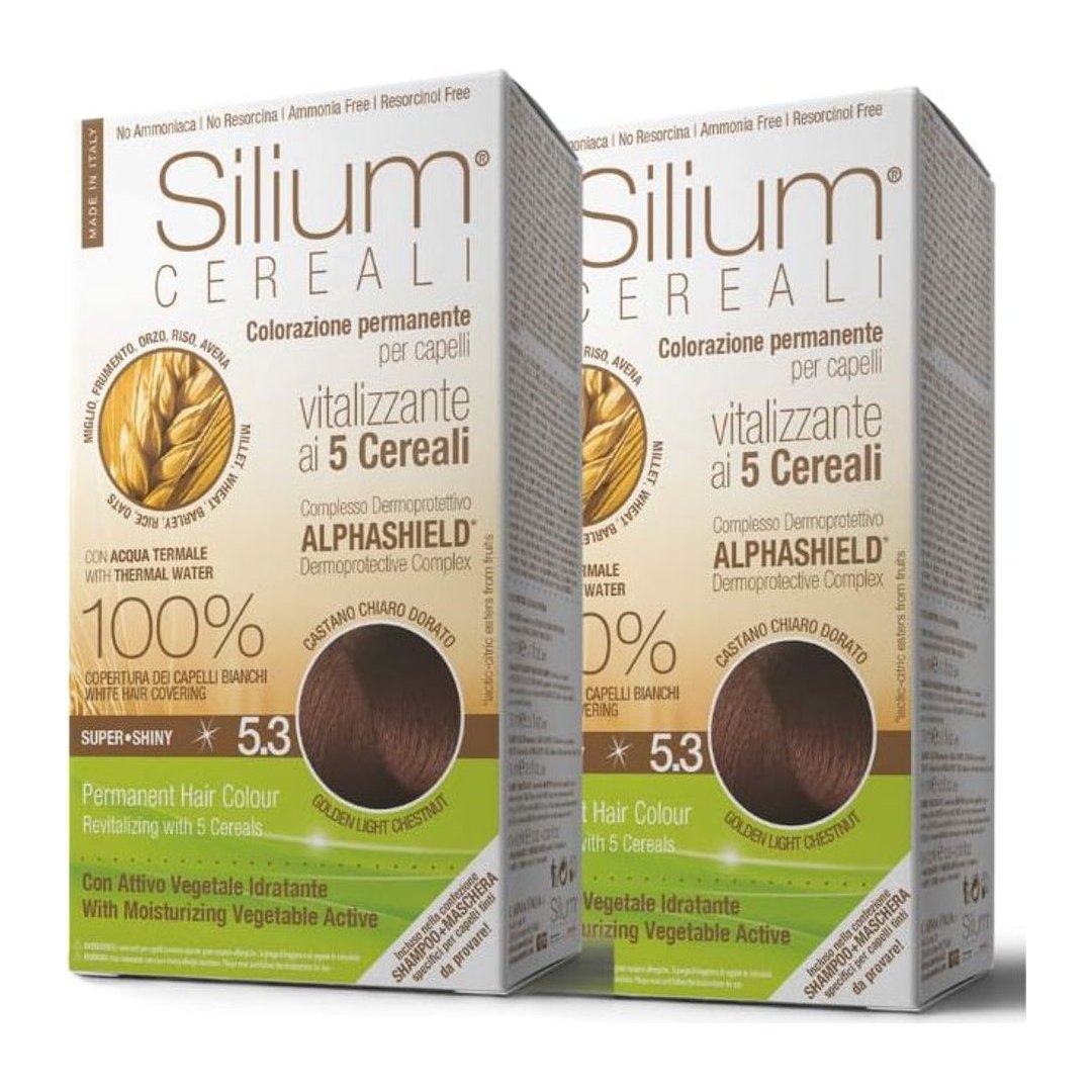 Silium colorazione permanente 5.3 castano chiaro dorato 175 ml, confezione da 2 con guanti e mantellina protettiva