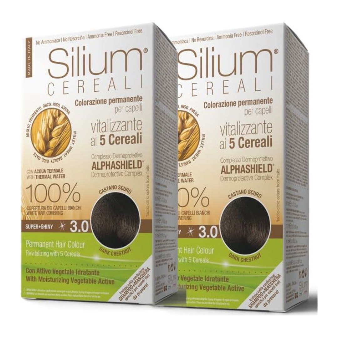 Confezione Silium colorazione permanente castano scuro 3.0 con due flaconi da 175 ml, applicatore, guanti e mantellina