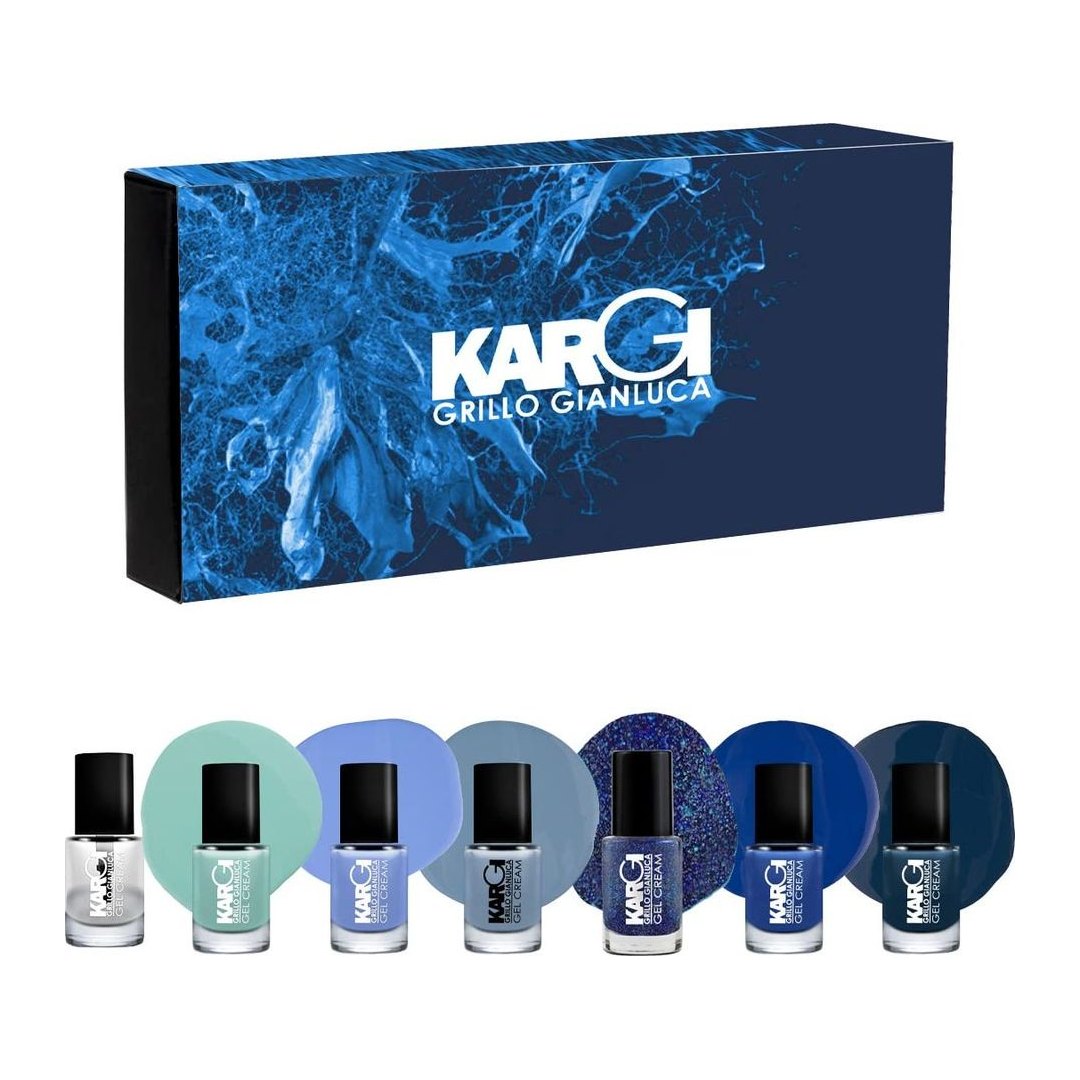 Box Kargi 7 smalti effetto gel tonalità blu con gloss lucido sigillante, formato 10,8 ml ciascuno