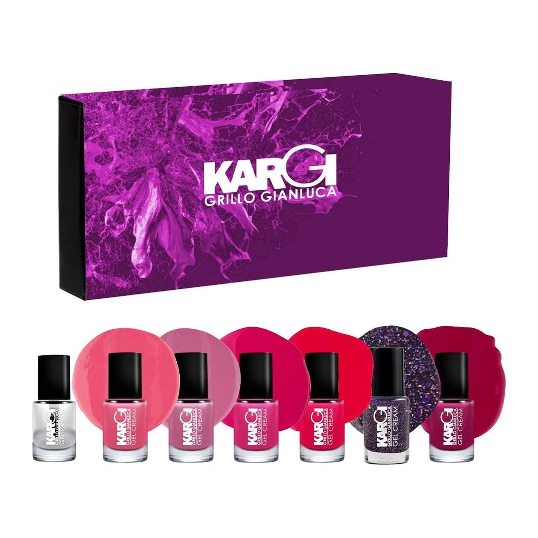 Box 7 smalti blu Kargi effetto gel 10,8 ml con gloss, pennello largo e arrotondato