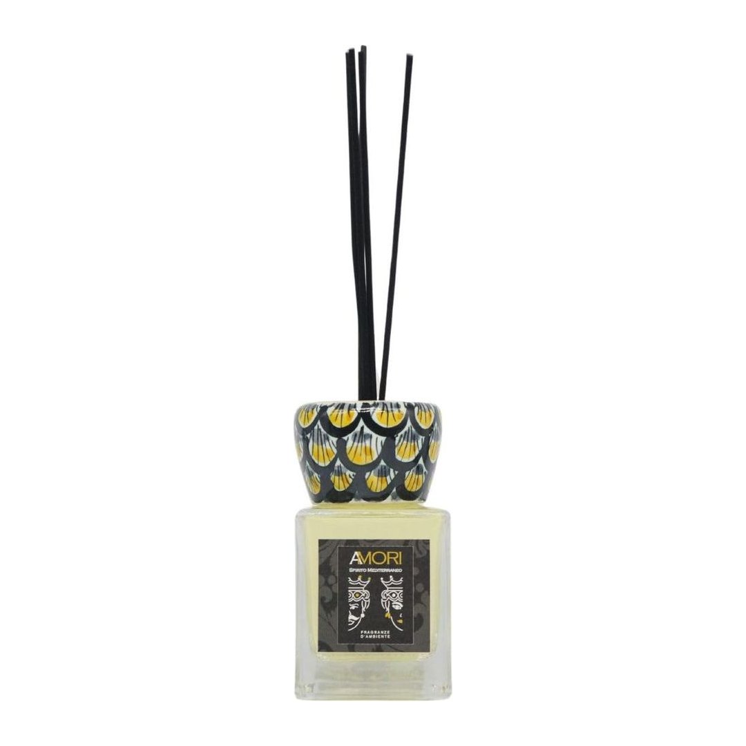 Profumo ambiente zagara Sicilia con collare ceramica Caltagirone, flacone vetro 200 ml e bastoncini cellulosa
