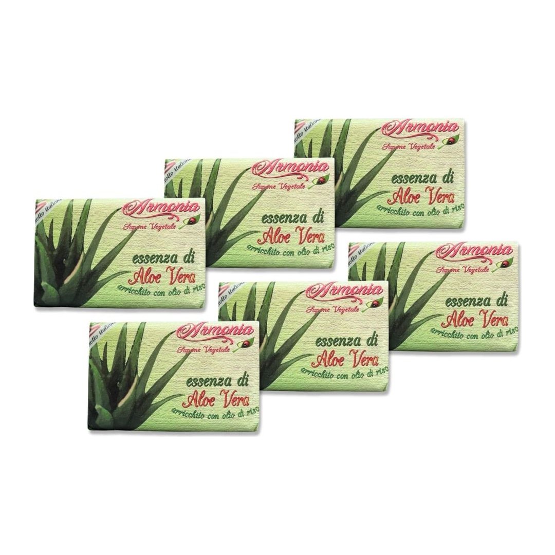 Confezione di 6 saponette vegetali Armonia all'aloe vera da 150 grammi ciascuna in carta riciclabile, sapone naturale