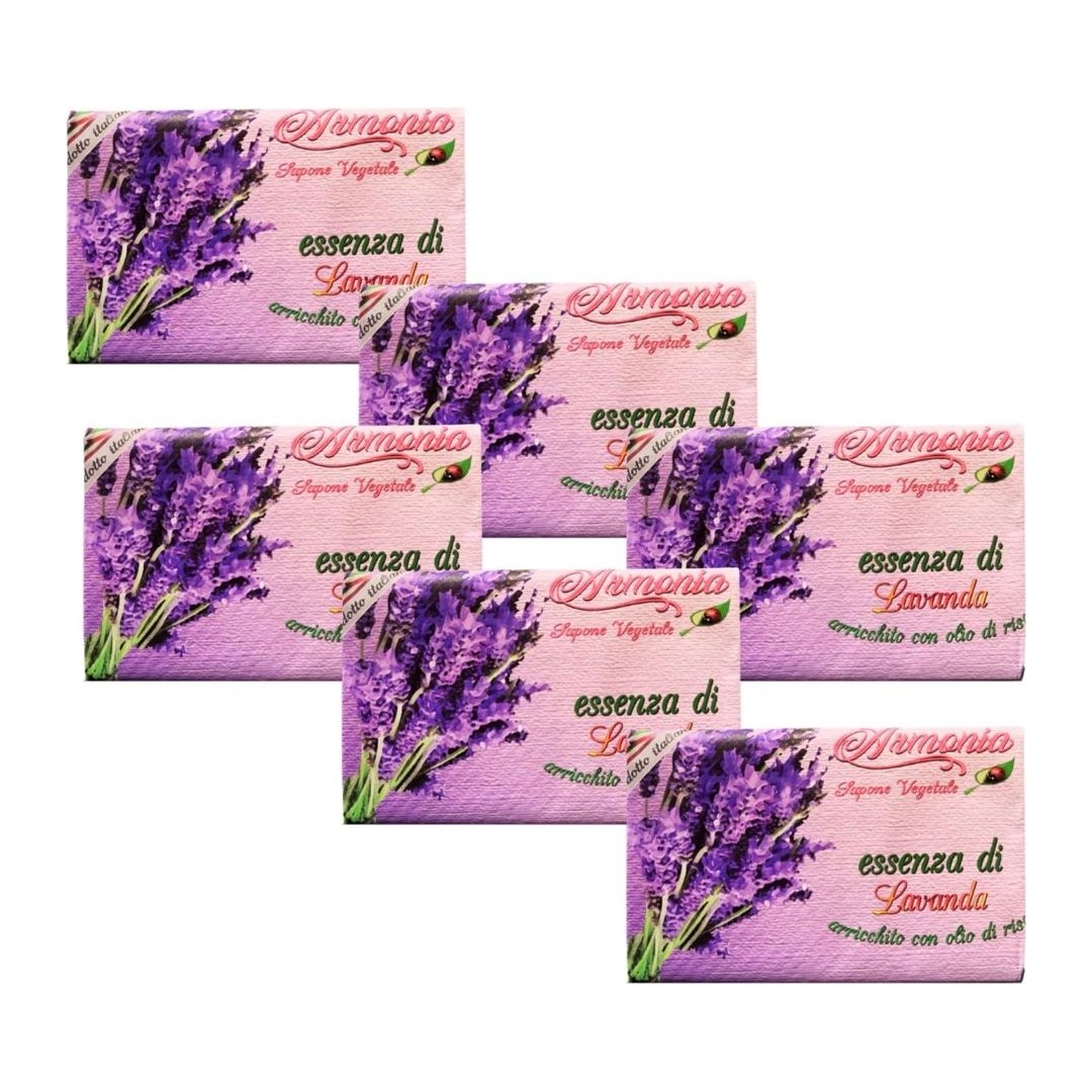 Confezione di 6 saponette vegetali Armonia da 150g con aloe vera e olio di riso per pelli sensibili, imballaggio in