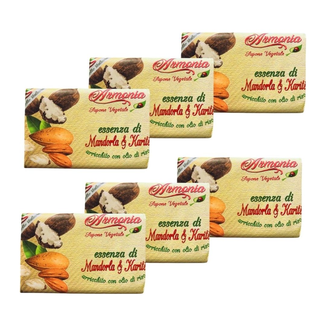 Confezione da 6 saponette vegetali Armonia da 150 g, sapone naturale con aloe vera e olio di riso per pelli sensibili