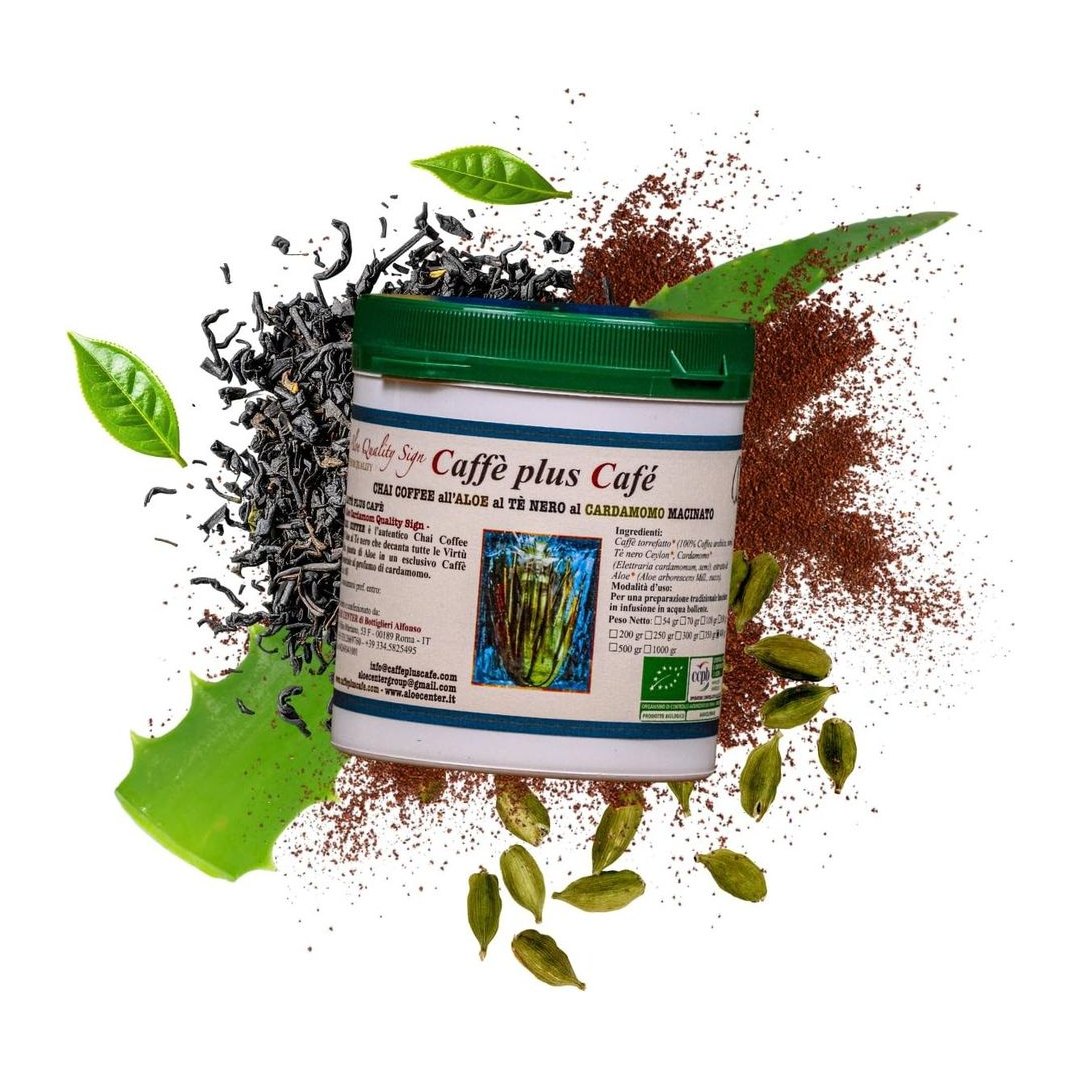 Confezione CHAY Coffee all'Aloe 400g con Aloe Arborescens, caffè arabica biologico, tè nero Ceylon e cardamomo