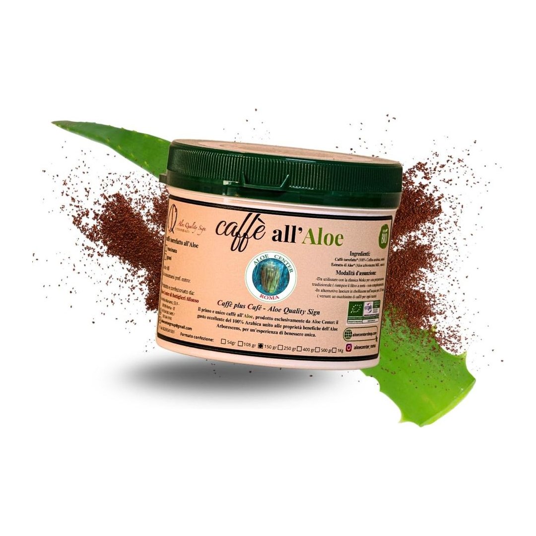 Confezione da 150 grammi di Caffè all'Aloe Arabica 100% di Aloe Center Roma, miscela artigianale con estratto naturale