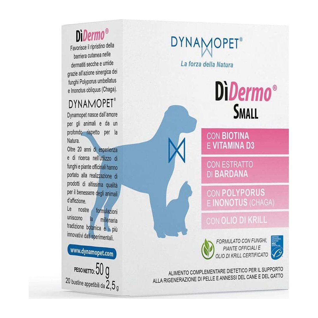 Confezione DìDermo Small di DYNAMOPET da 50 g, integratore naturale per la salute cutanea del cane con funghi medicali