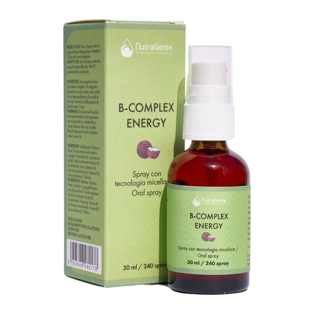 Flacone spray NutraGenix B-Complex Energy 30 ml verde lime con tecnologia micellare sublinguale made in Italy