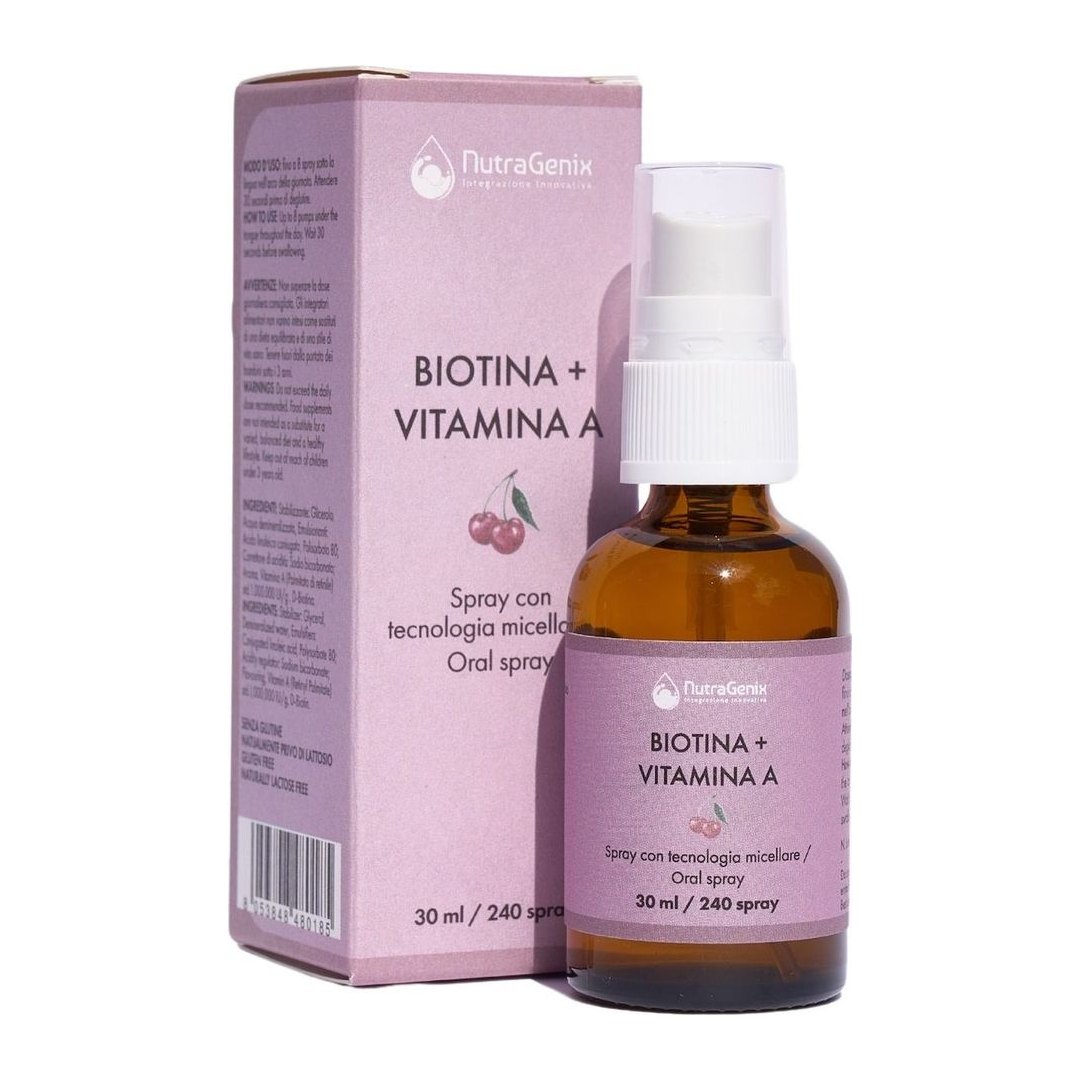 Spray micellare NutraGenix Biotina Vitamina A 30 ml rosa, integratore sublinguale italiano