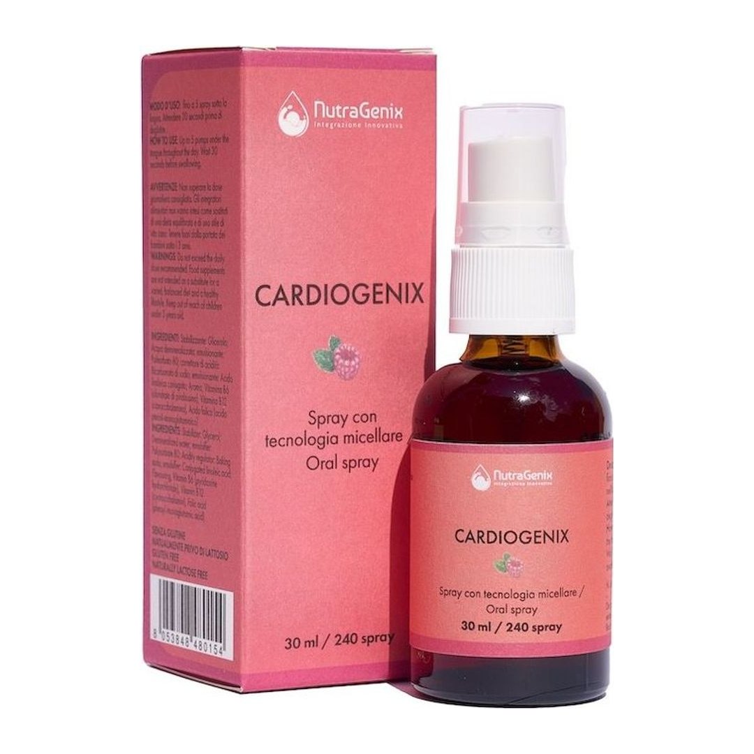 Spray sublinguale Cardiogenix NutraGenix con vitamine B6 B12 acido folico, flacone rosso 30 ml Made in Italy